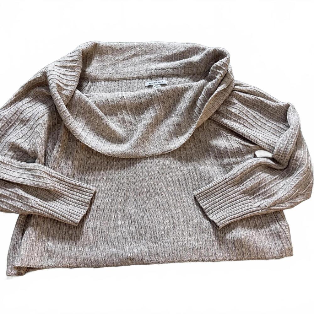 AMERICAN EAGLE tan ribbed cowl neck cropped‎ long sleeve sweater SZ L CabinCore